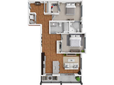 Floor plan for 2 beds, 2 baths